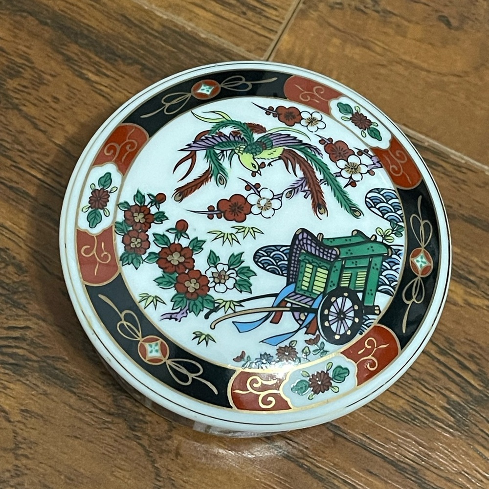 UCGC Porcelain Japanese Asian Trinket Box Gold Trim Bird Cart Floral Vintage